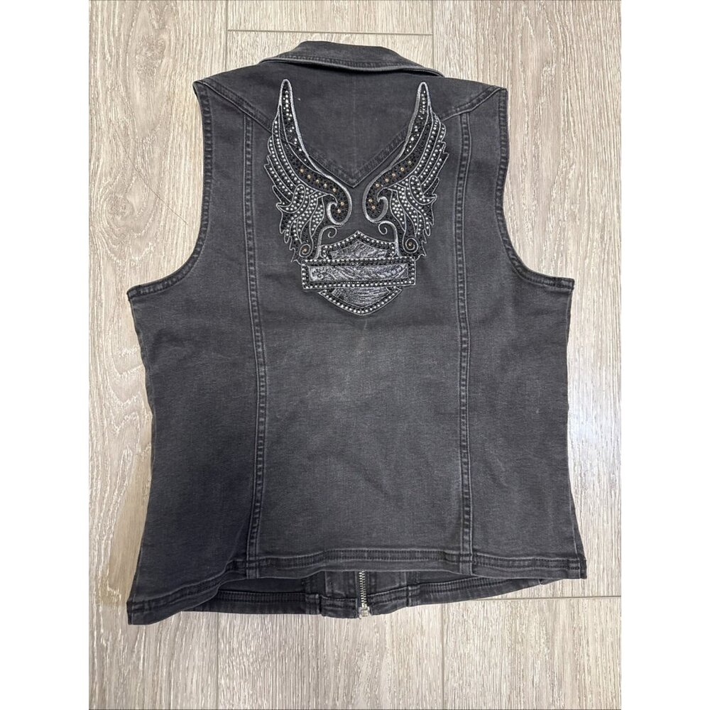 HARLEY DAVIDSON EMBROIDERED WINGED LOGO BLACK FULL ZIP DENIM VEST WOMEN'S SIZE M